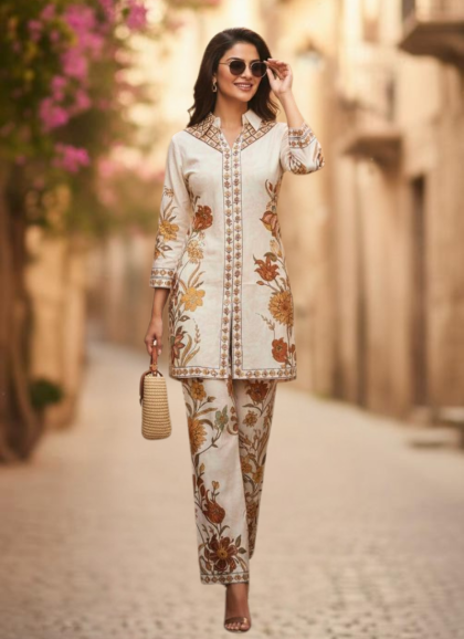 Coord set beige color maslin silk fabric women elegant modern outfit