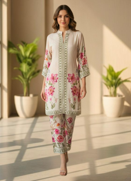 Coord set ivory color maslin silk fabric women elegant contemporary outfit