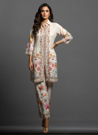 Coord set cream color maslin silk fabric women stylish modern ethnic outfit