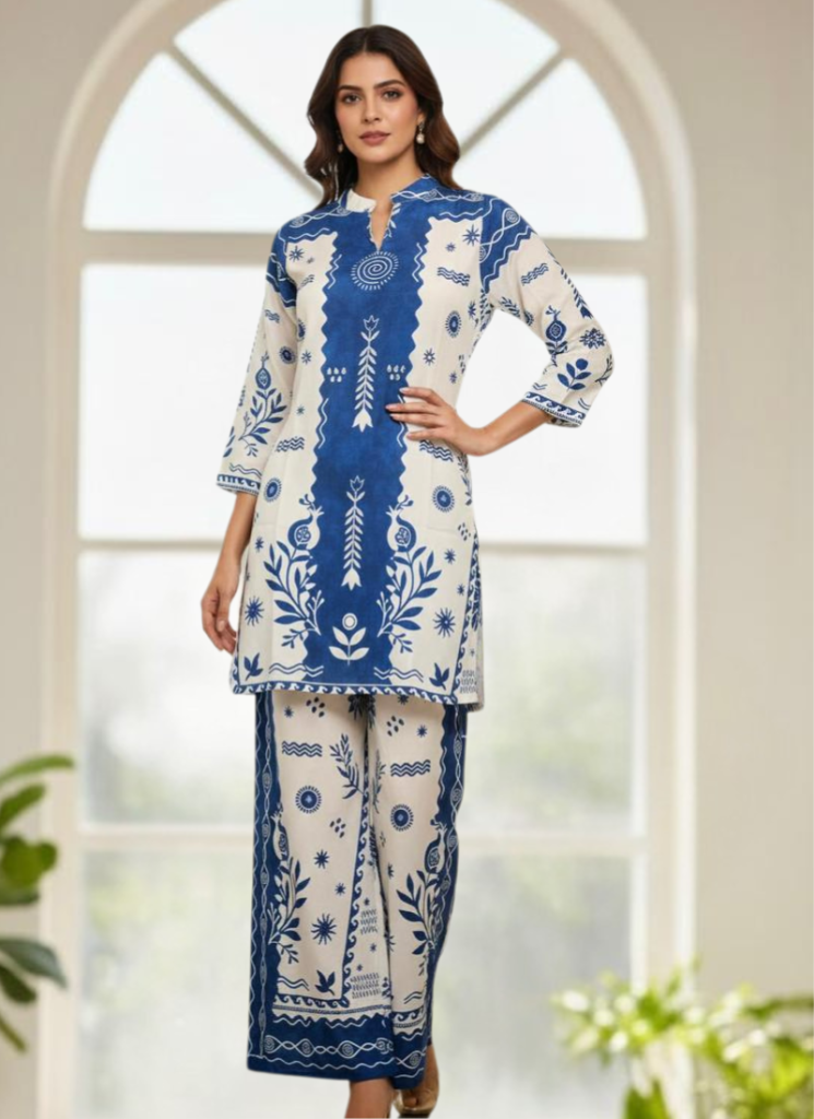 Coord set royal blue color maslin silk fabric women stylish modern outfit