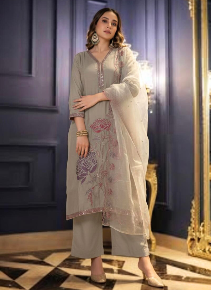Light beige color Roman silk fabric salwar kurta dupatta set women elegant ethnic wear