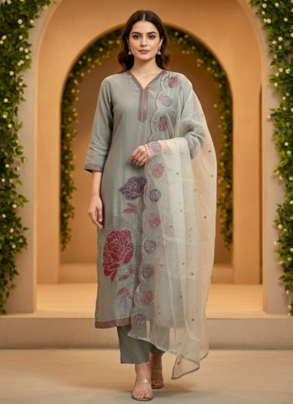 Stone grey color Roman silk fabric salwar kurta dupatta set women elegant ethnic outfit