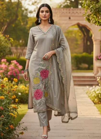 Salwar kurta dupatta set mink grey color Roman silk fabric women elegant ethnic wear
