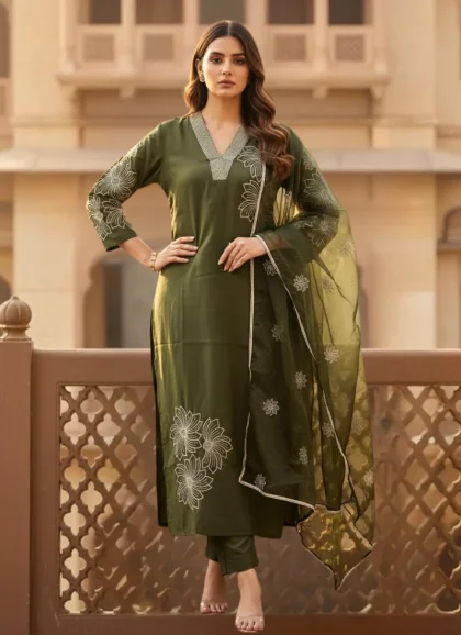 Olive green color Roman silk fabric salwar kurta dupatta set women elegant ethnic outfit