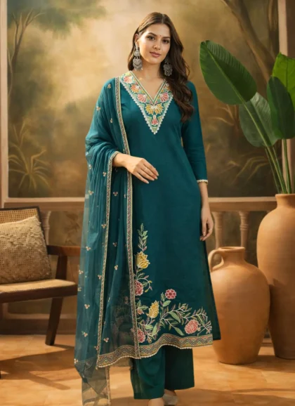 Teal color fabric Roman silk salwar kurta dupatta set for women elegant ethnic outfit