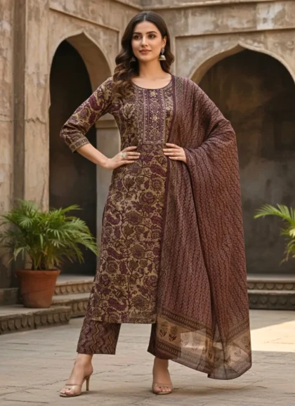 SKD Wine Color Cotton Fabric Salwar Kurta Dupatta Set