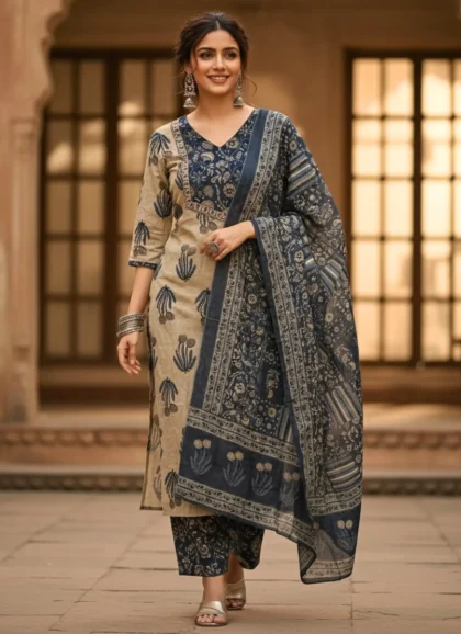SKD Ecru Navy Cotton Fabric Elegant Everyday Ethnic Wear