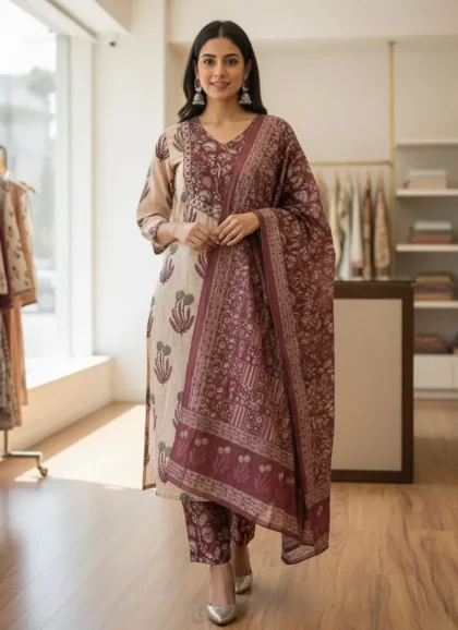 SKD Ecru Maroon Cotton Fabric Salwar Kurta Dupatta Set