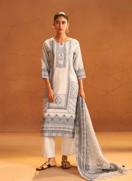 Salwar kurta dupatta set grey color linen fabric women elegant ethnic outfit