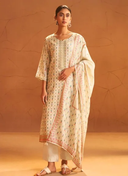Elegant Cream Color Viscose Silk Fabric Salwar Kurta Dupatta Set for Women
