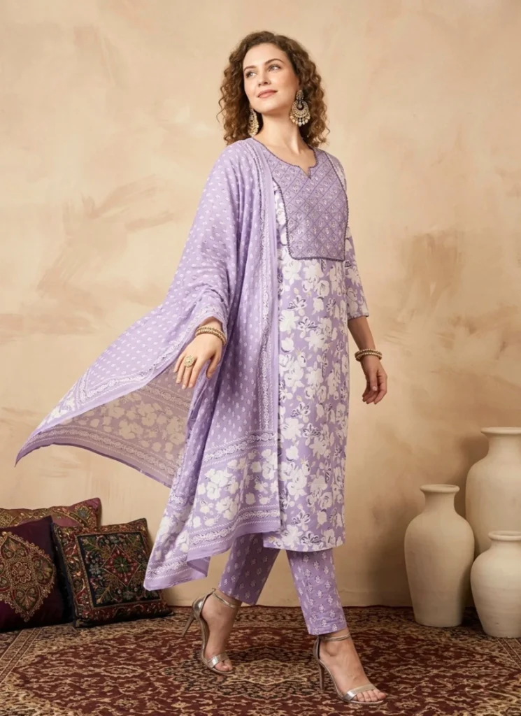 SKD Lavender Color Cotton Fabric soft breathable premium quality material for ethnic and modern outfits