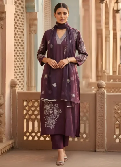 Roman Silk Color Dark Wine suit set for women with floral design elegant ethnic wear by House of Sdaa