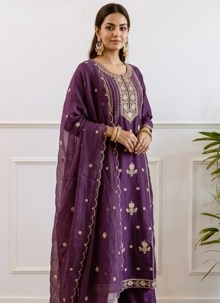 Wine Color Roman Silk Salwar Kurta Dupatta Set for women with elegant embroidery