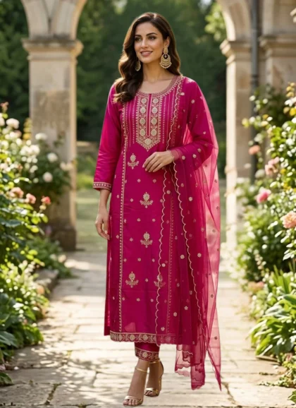 Rani Pink Roman Silk Salwar Kurta Dupatta Set for Women | House of Sdaa