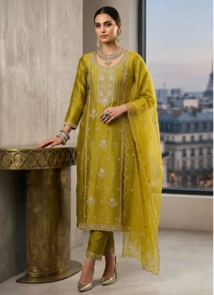 Yellow Roman Silk Salwar Kurta Dupatta Set for Women | House of Sdaa