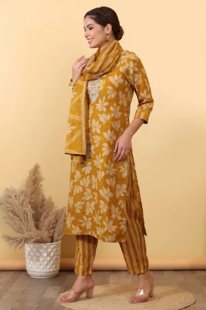 Mustard Cotton Silk Salwar Kurta Dupatta Set