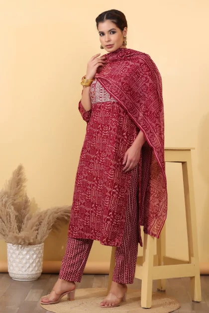 Maroon Rayon Salwar Kurta Dupatta Set