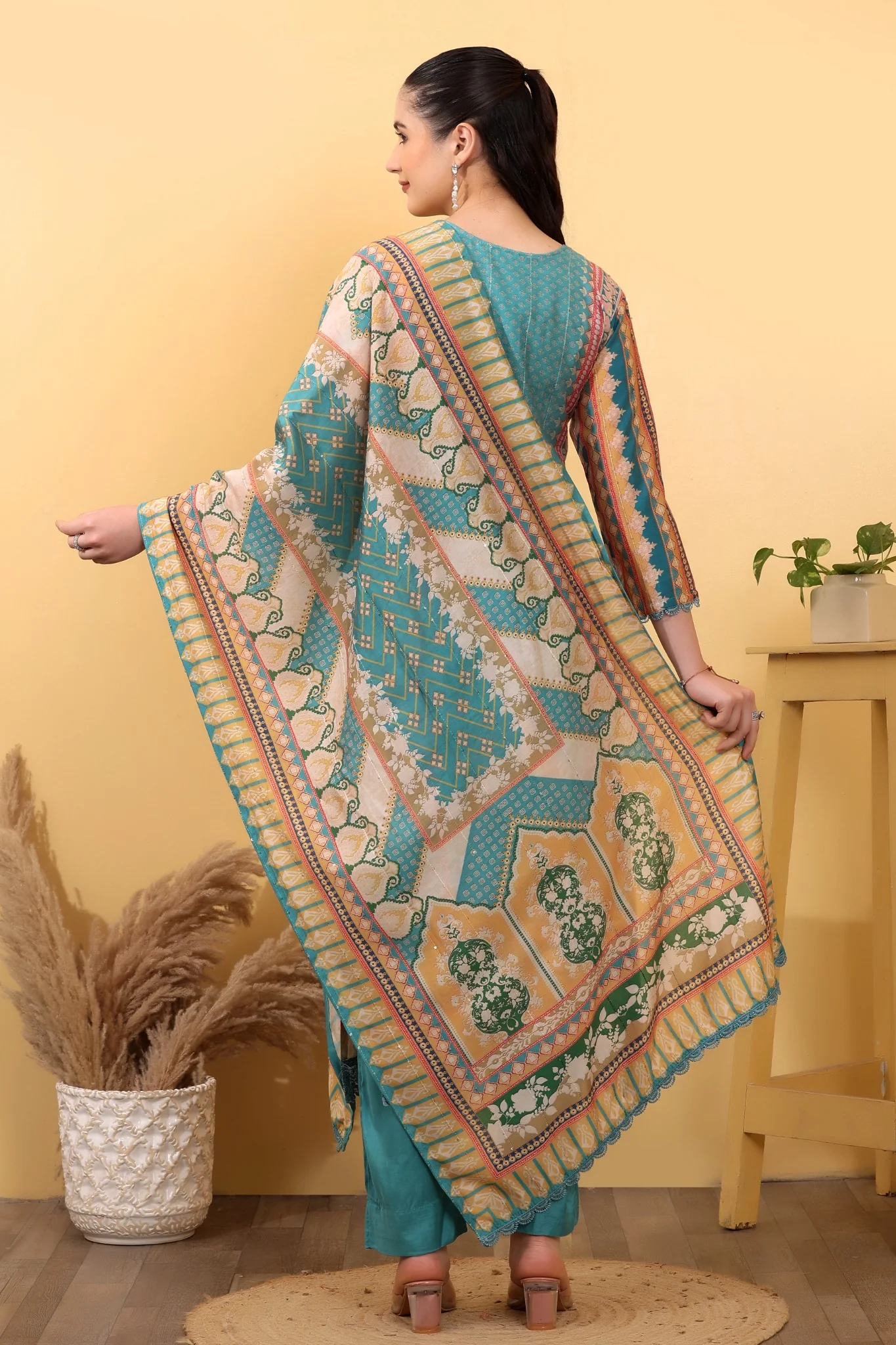 Aqua Silk Blend Salwar Kurta Dupatta Set - Image 4