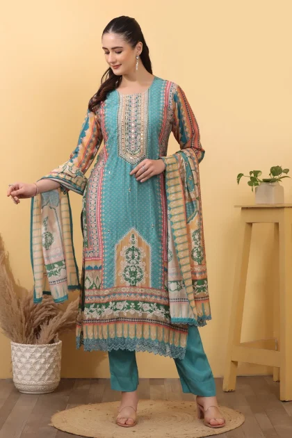 Aqua Silk Blend Salwar Kurta Dupatta Set