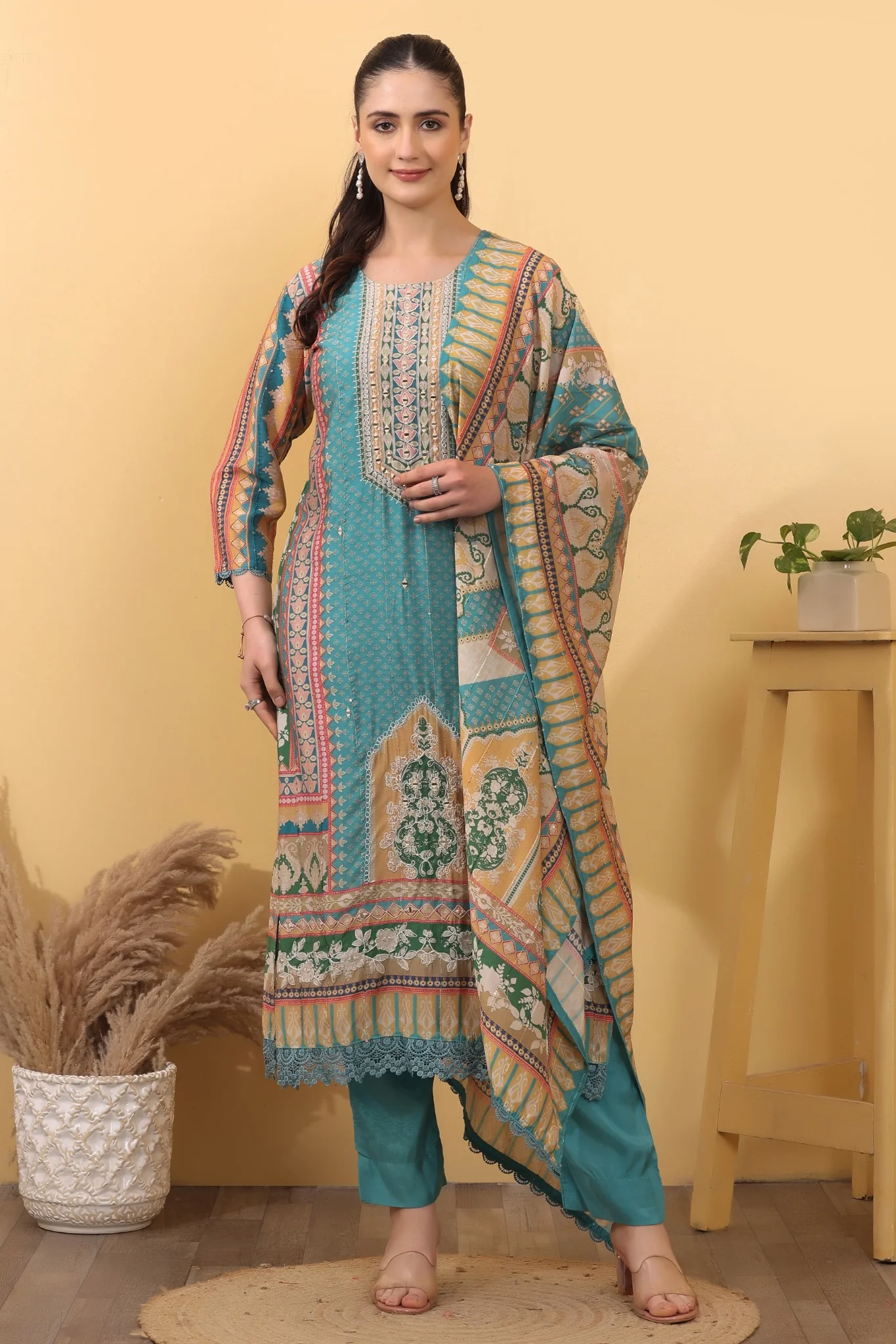 Aqua Silk Blend Salwar Kurta Dupatta Set - Image 2