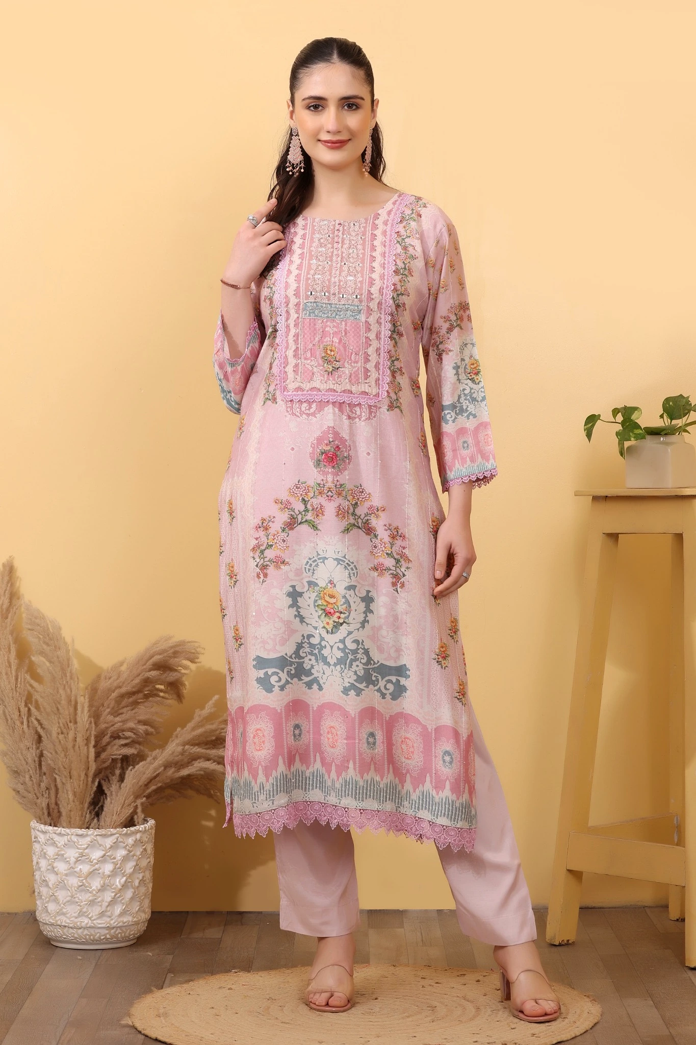 Pink Silk Blend Salwar Kurta Dupatta Set - Image 4