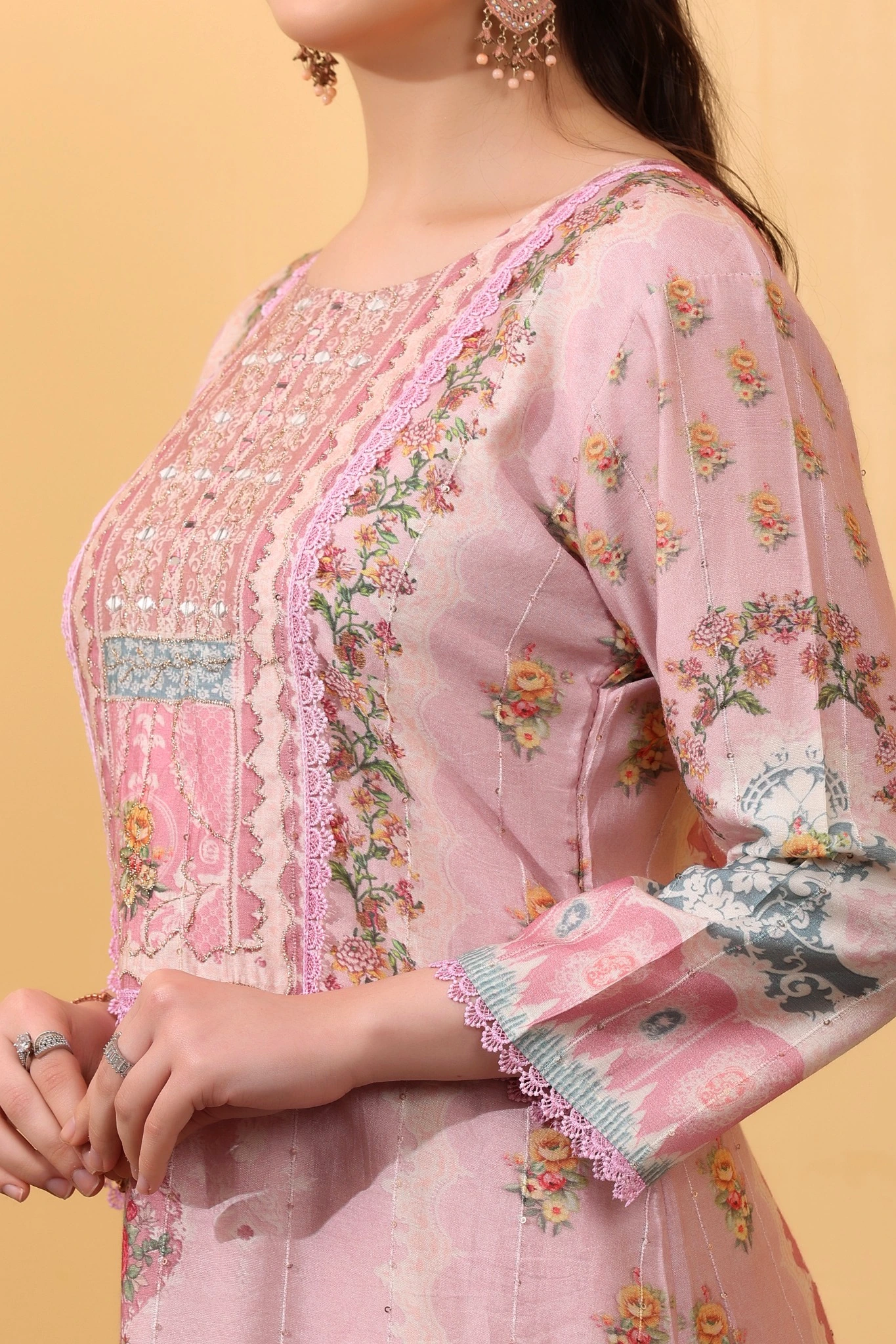 Pink Silk Blend Salwar Kurta Dupatta Set - Image 3