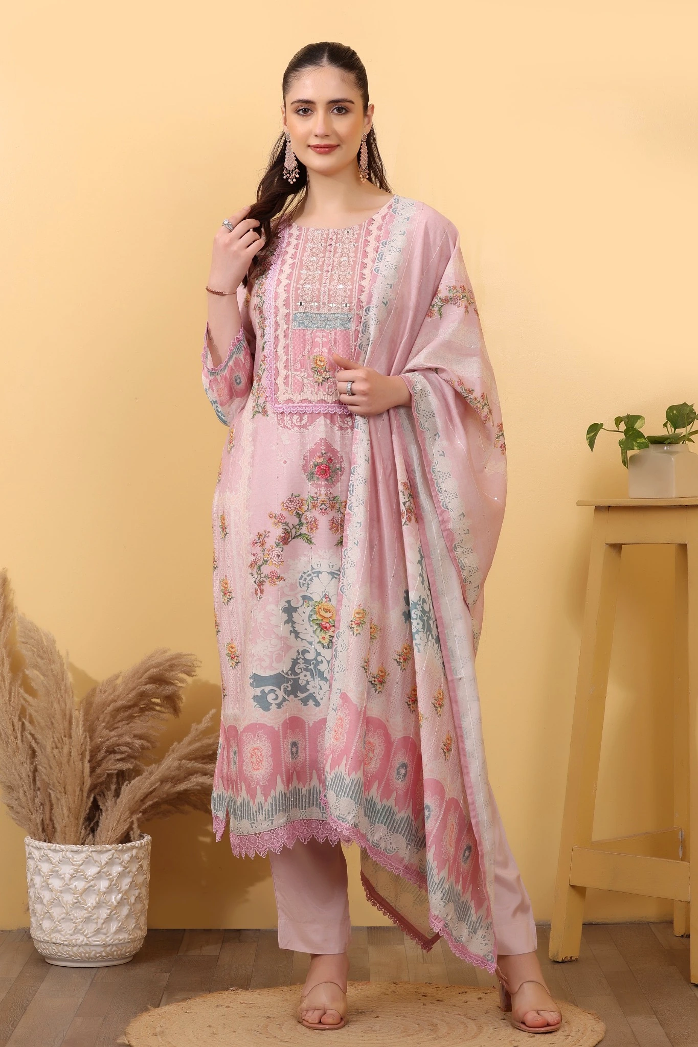 Pink Silk Blend Salwar Kurta Dupatta Set - Image 2