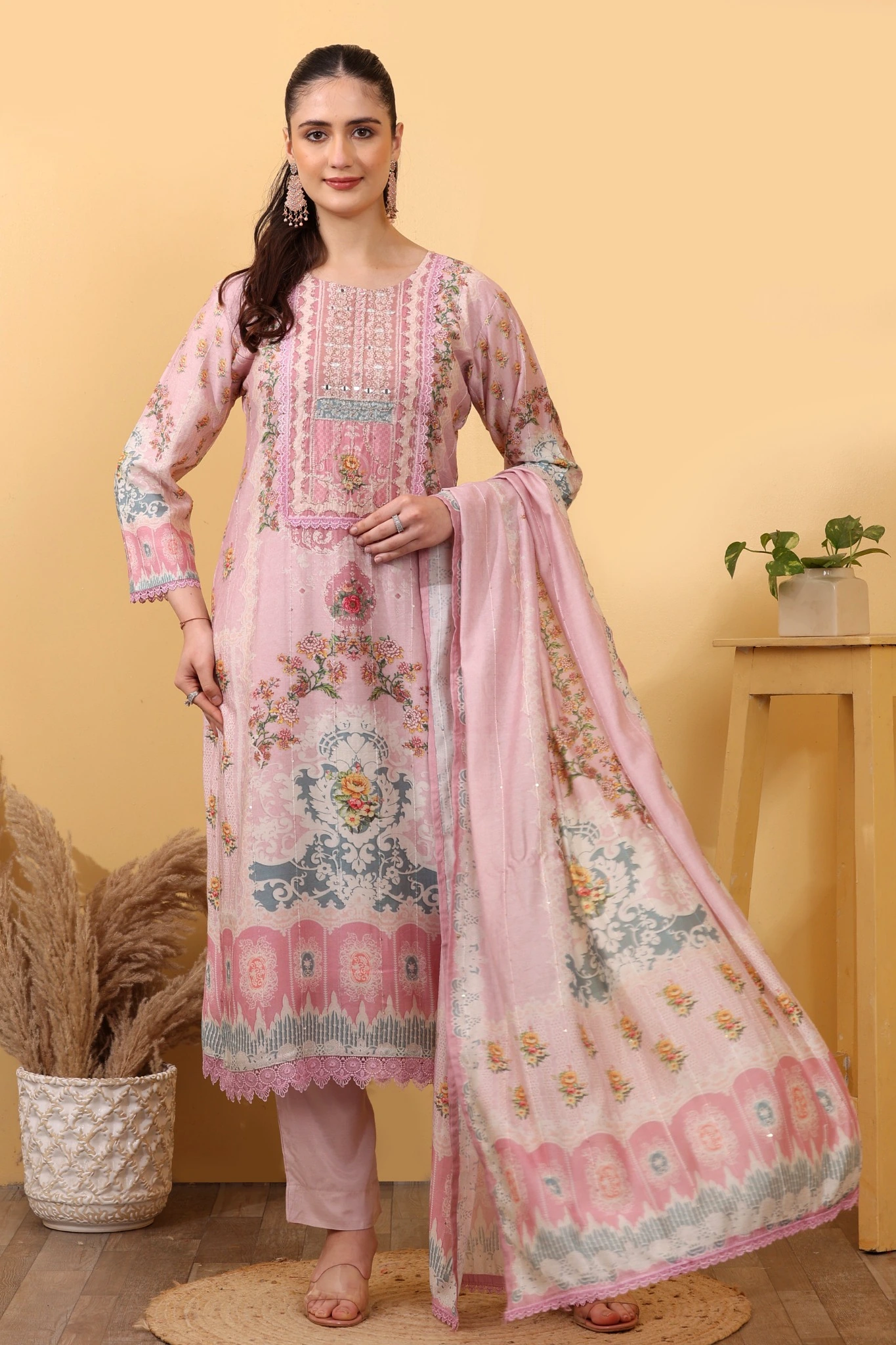 Pink Silk Blend Salwar Kurta Dupatta Set - Image 7