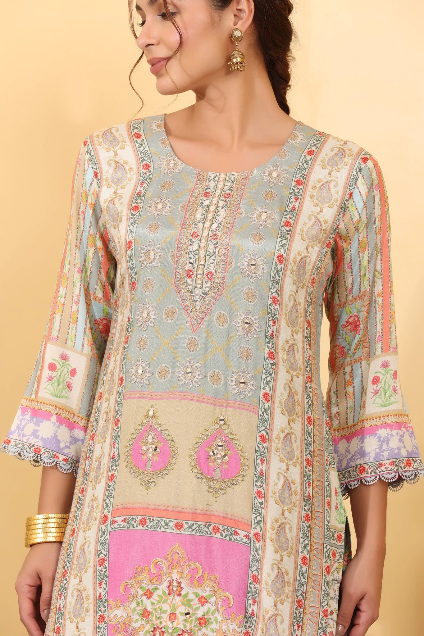 Grey Pink Cream Maslin Silk Salwar Kurta Dupatta Set - Image 5