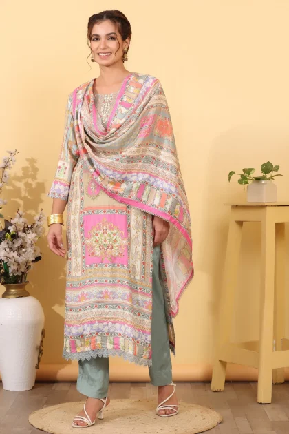 Grey Pink Cream Maslin Silk Salwar Kurta Dupatta Set