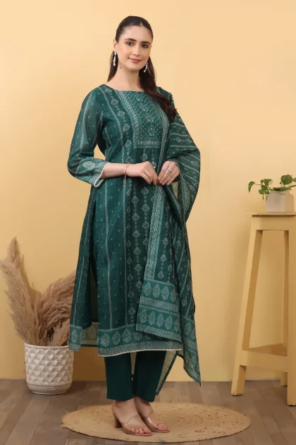 Emerald Green Cotton Blend Salwar Kurta Dupatta Set