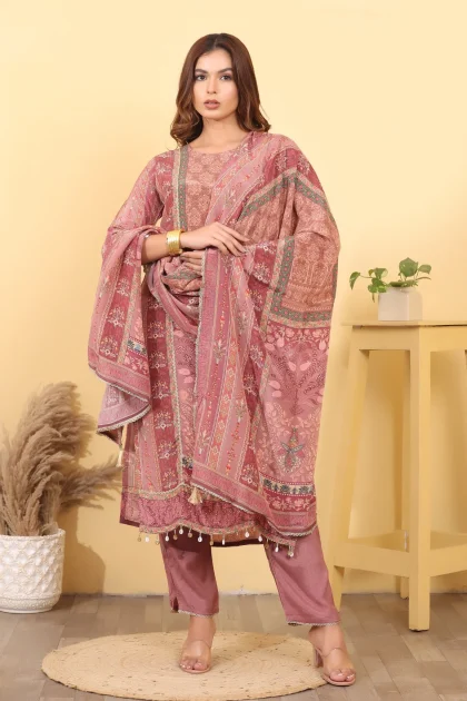 Dazzle Pink Silk Blend Salwar Kurta Dupatta Set