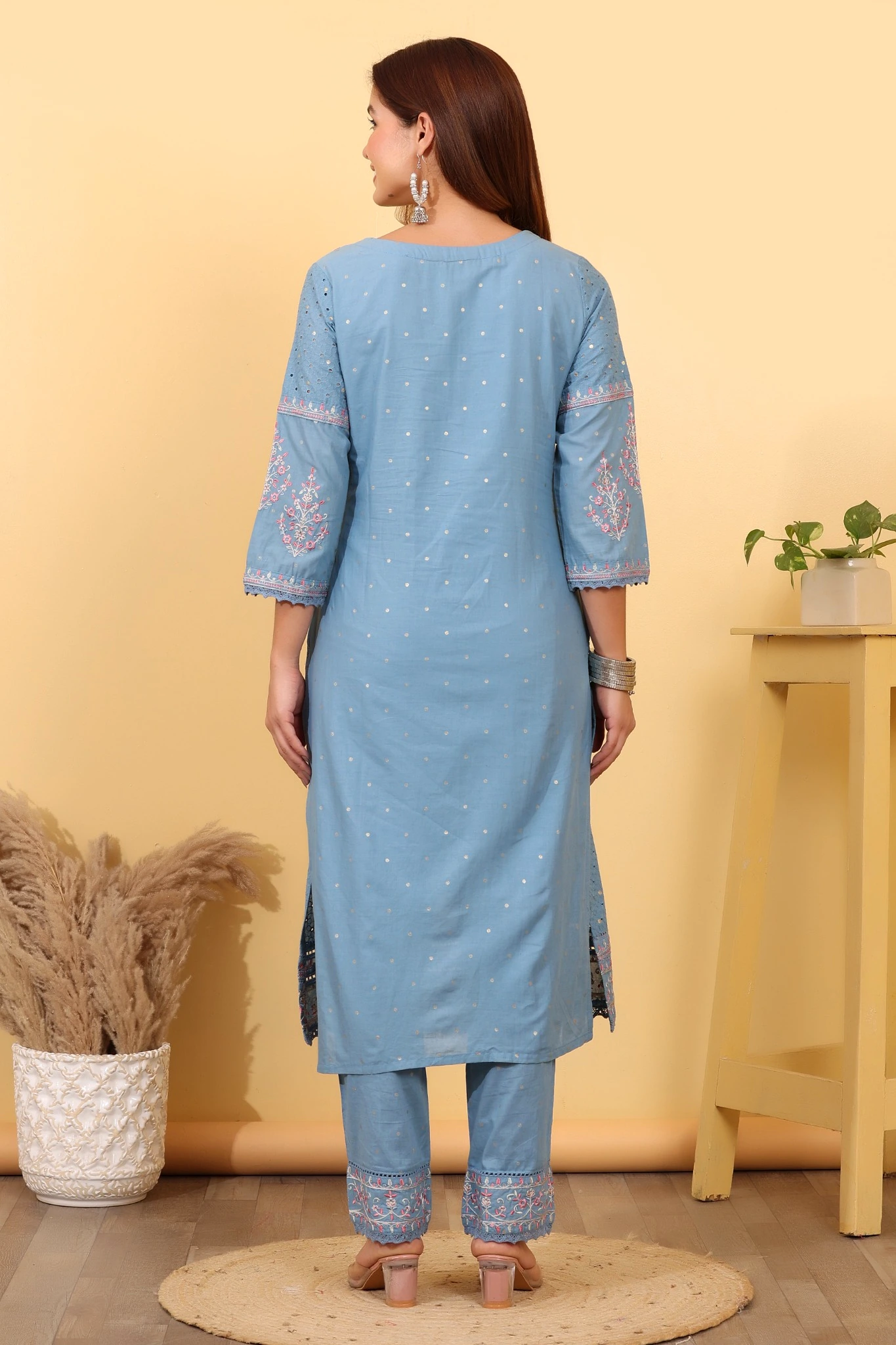 House of Sdaa Muted Blue Cotton Salwar Kurta Dupatta Set - Image 10