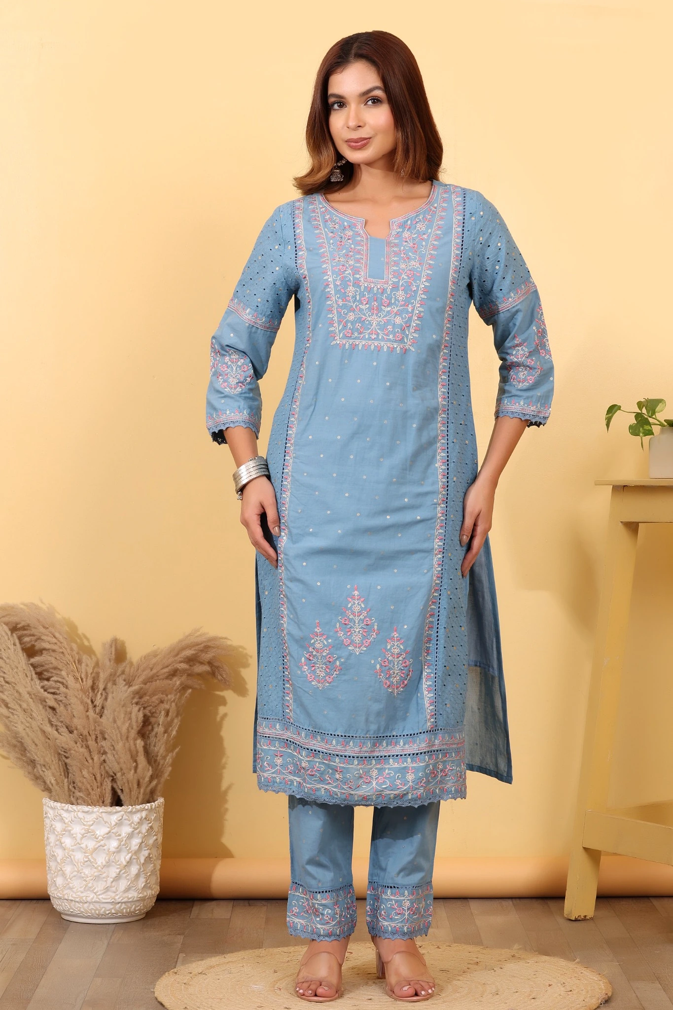 House of Sdaa Muted Blue Cotton Salwar Kurta Dupatta Set - Image 9