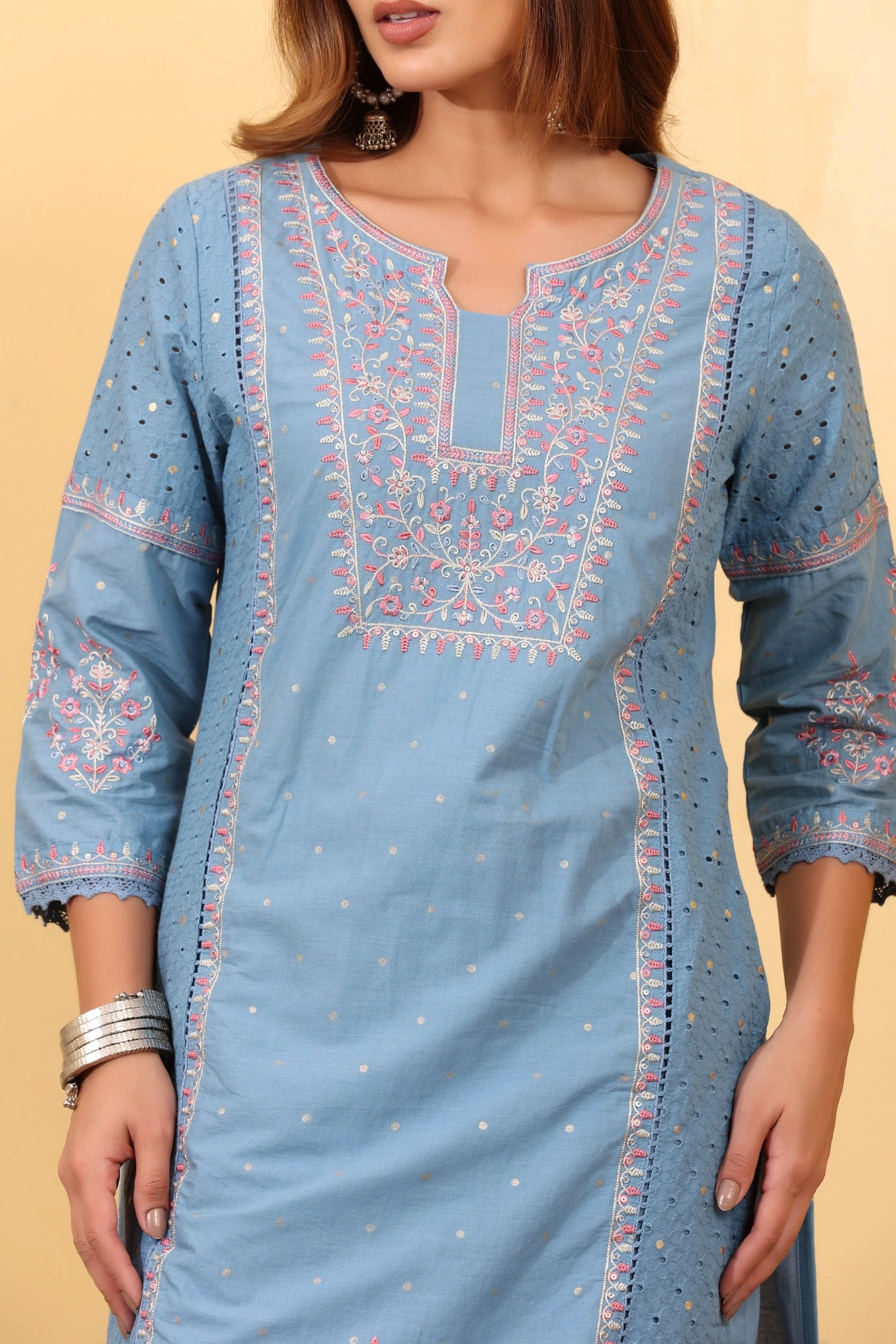 House of Sdaa Muted Blue Cotton Salwar Kurta Dupatta Set - Image 8