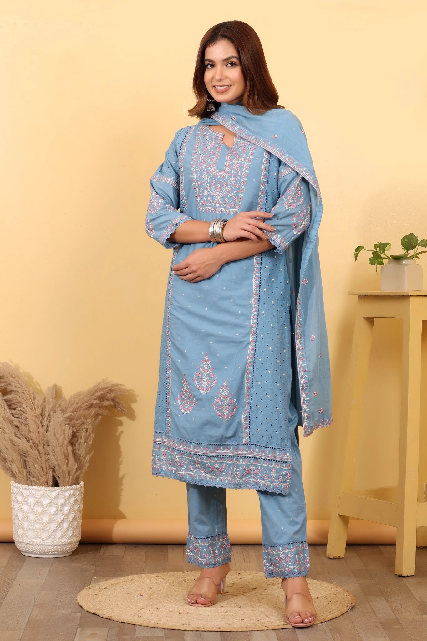 House of Sdaa Muted Blue Cotton Salwar Kurta Dupatta Set - Image 6