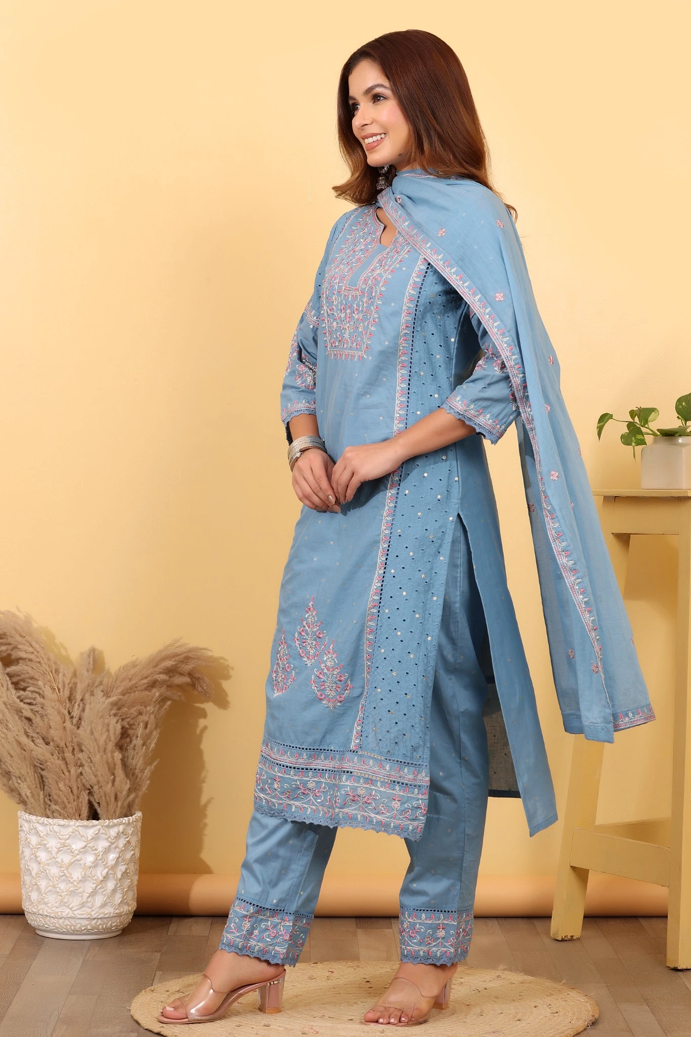 House of Sdaa Muted Blue Cotton Salwar Kurta Dupatta Set - Image 5