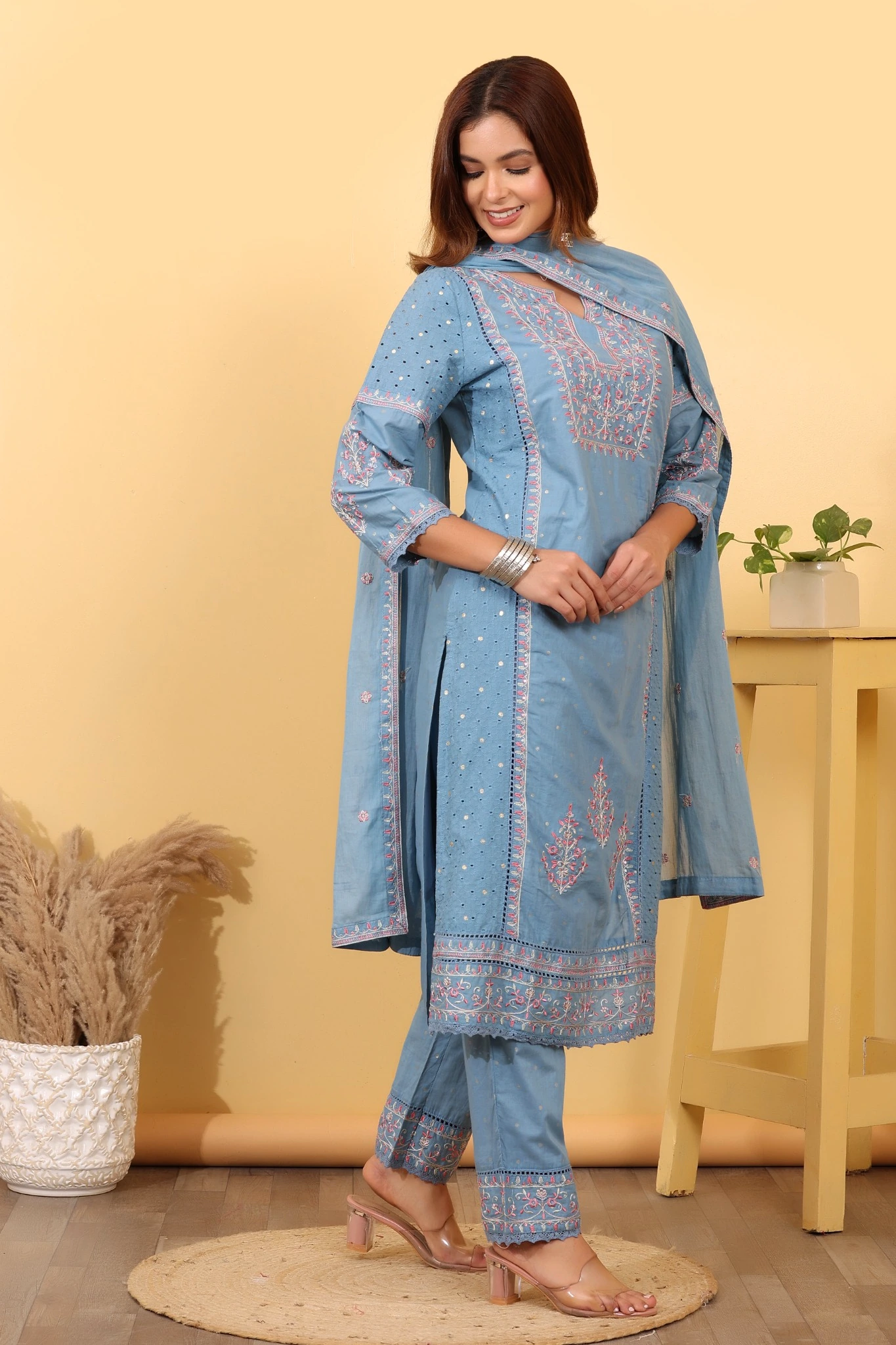 House of Sdaa Muted Blue Cotton Salwar Kurta Dupatta Set - Image 4