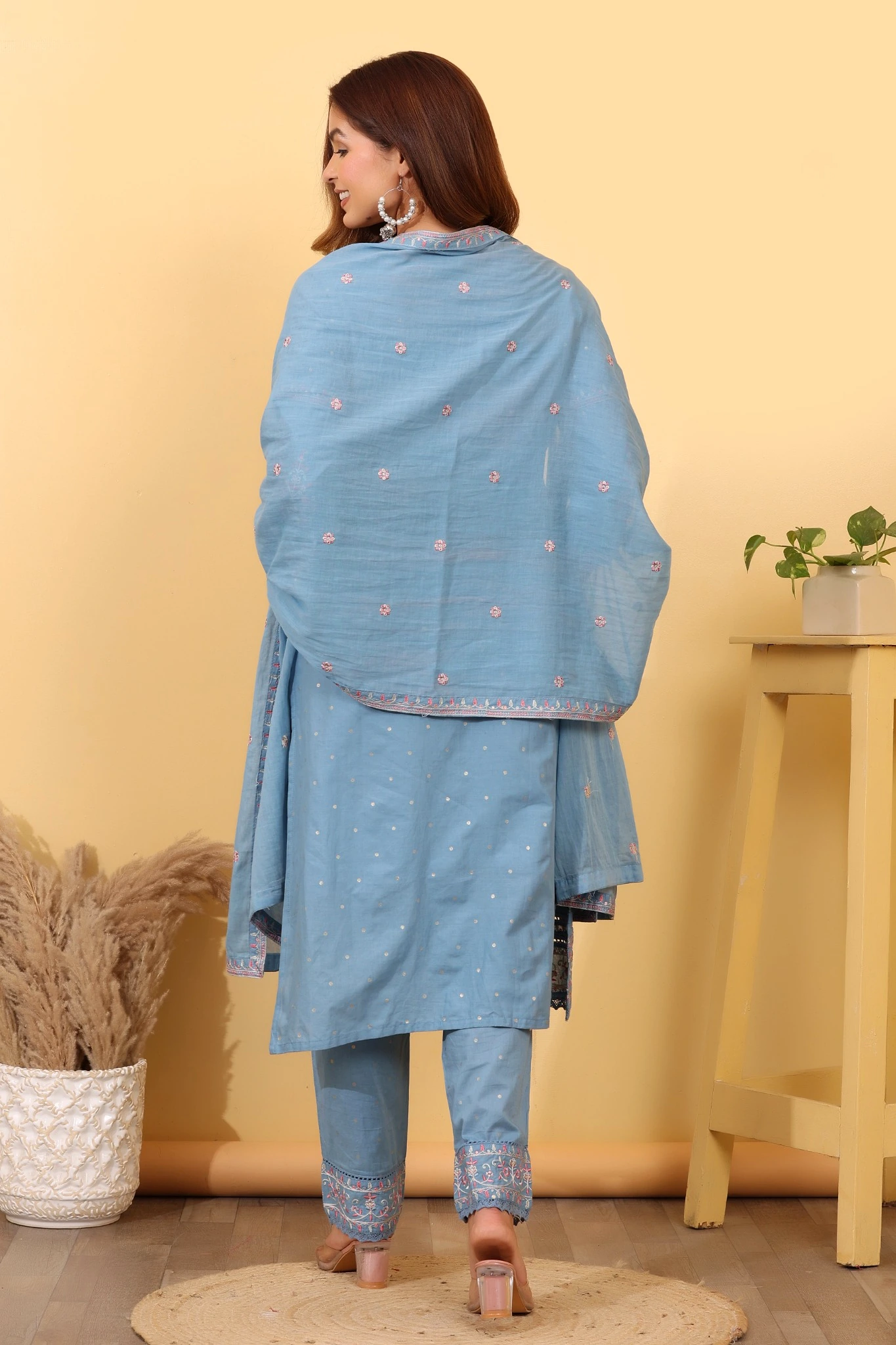House of Sdaa Muted Blue Cotton Salwar Kurta Dupatta Set - Image 3