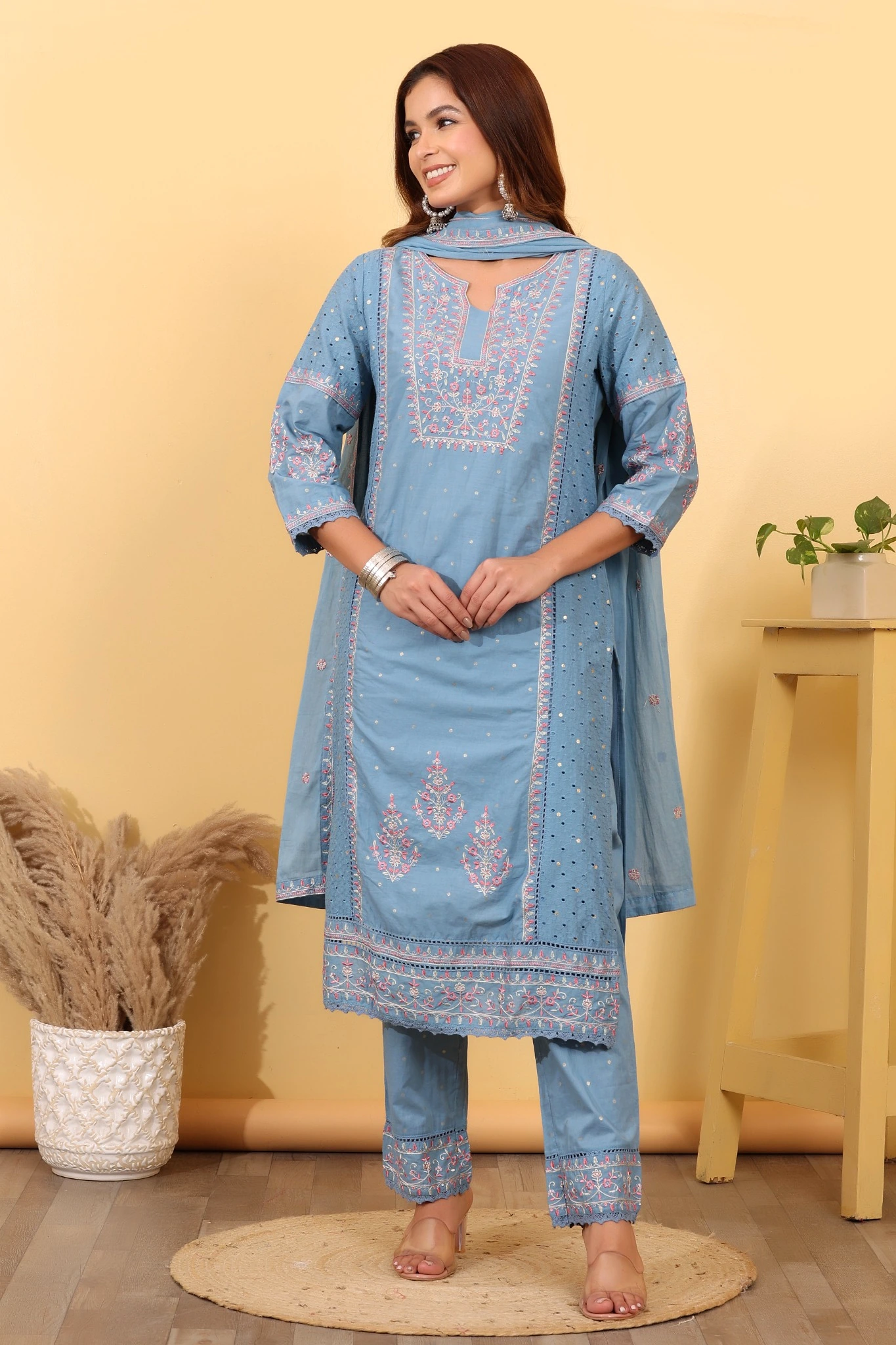 House of Sdaa Muted Blue Cotton Salwar Kurta Dupatta Set