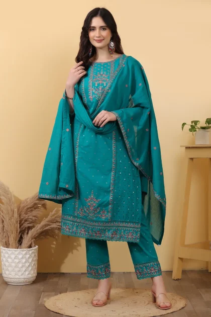 Turquoise Green Cotton Salwar Kurta Dupatta Set