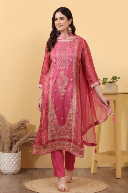 Rani Pink Silk Salwar Kurta Dupatta Set