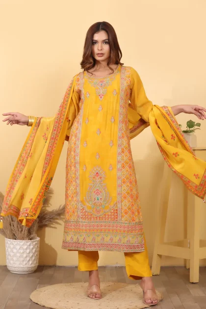 Yellow Jacquard Silk Salwar Kurta Dupatta Set