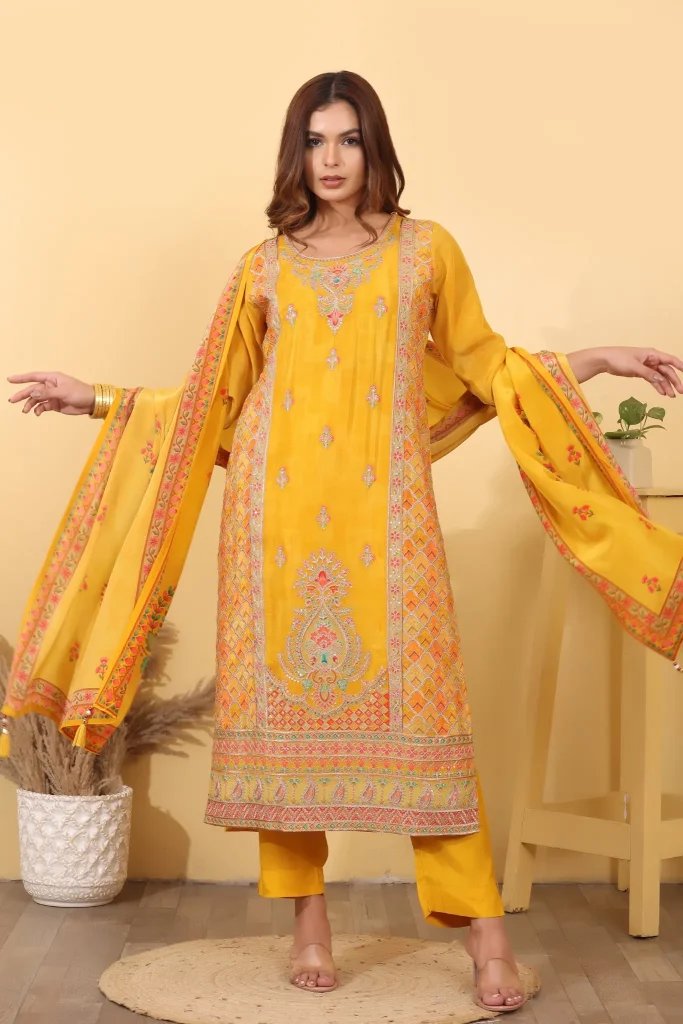 Yellow Jacquard Silk Salwar Kurta Dupatta Set