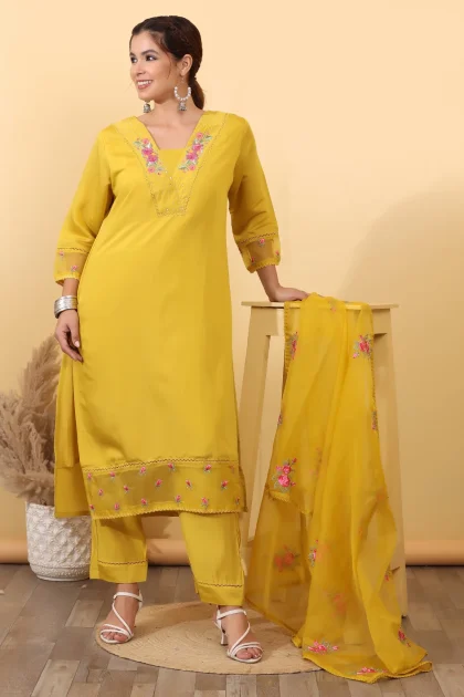 Yellow Silk Blend Salwar Kurta Dupatta Set
